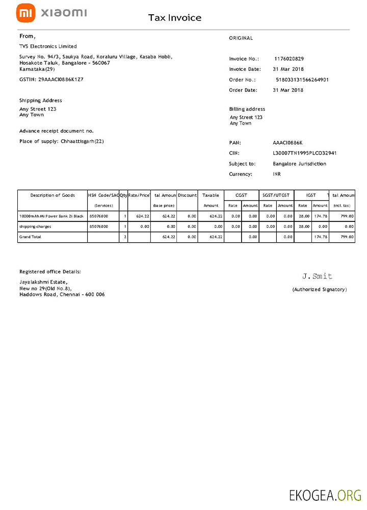 Modèle de facture Xiaomi aux États , Unis